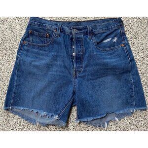Levi’s 501 Shorts Womens 31 Blue Denim Distressed Raw Fray Hem Button Fly